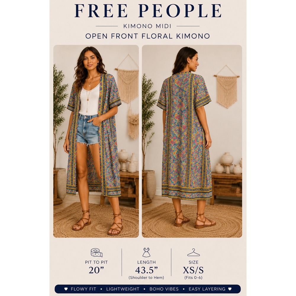 FP TO LOVE Floral Boho Maxi Kimono Cardigan Teal Blue One Size Open Front Duster